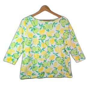 Talbots Tee Yellow Lemon Print 1X Boatneck 34 Sleeve Coastal Grandmother